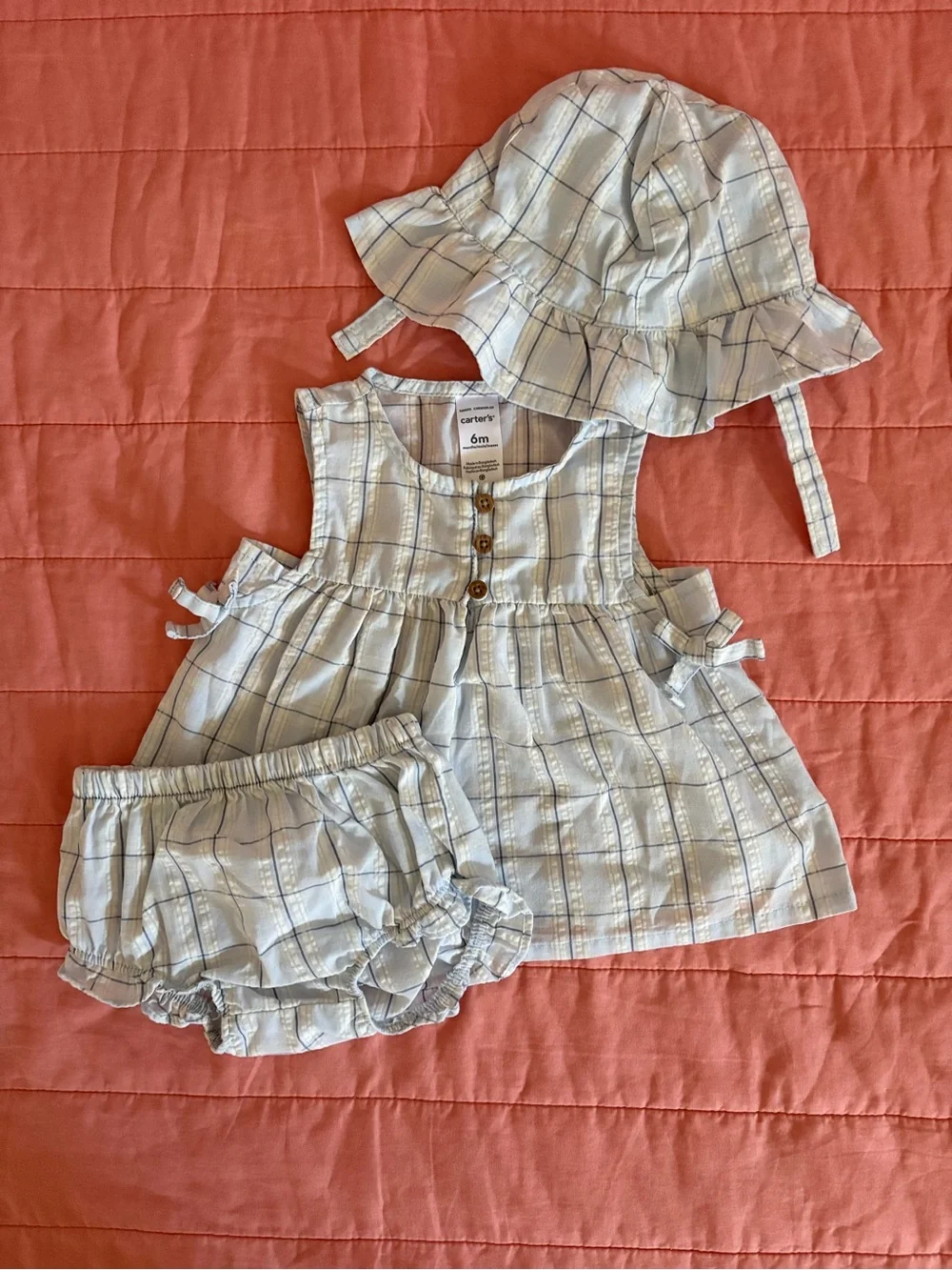 Carter's Blue Plaid & Floral Baby Matching Hat Dress Sets